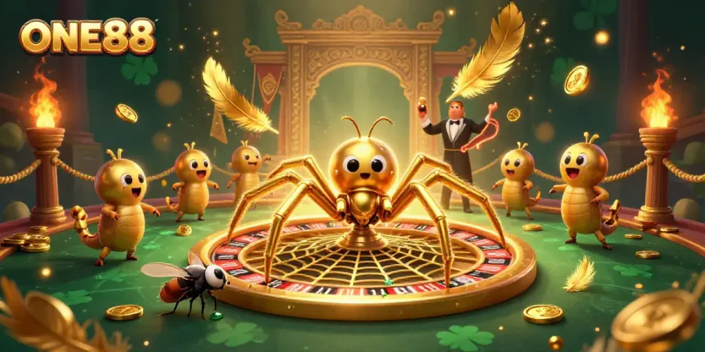 Spin bets at ONE88 in a vibrant casino scene featuring unique 3D characters and rich details.