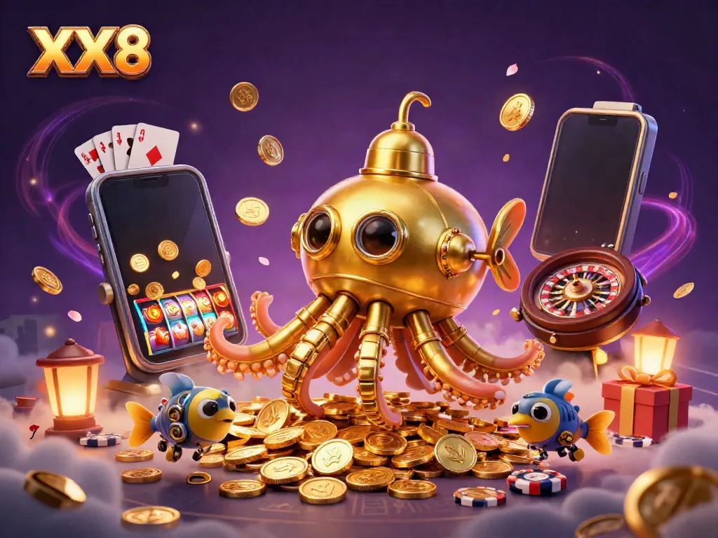 Experience the thrilling world of XX8 casino with a kraken submarine and vibrant gaming elements.