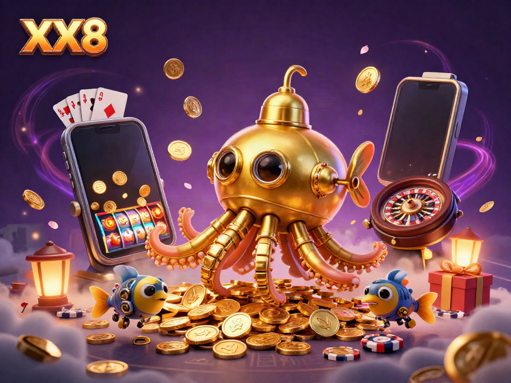 Experience the thrilling world of XX8 casino with a kraken submarine and vibrant gaming elements.