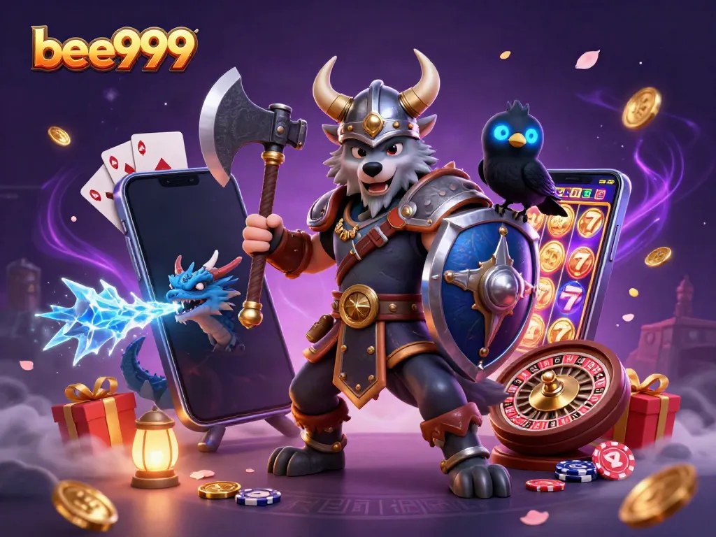 Engage with bee999's thrilling gaming adventure featuring a Viking warrior and dragon amidst colorful slot games and coins.