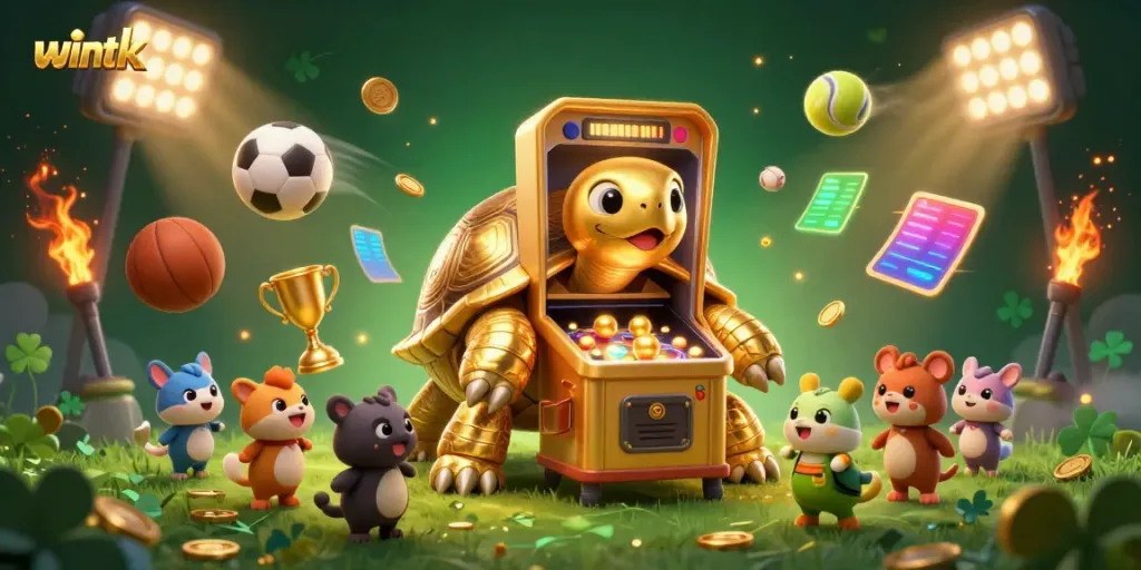 Experience the thrill of gaming with wintk's golden tortoise and lively sports elements.