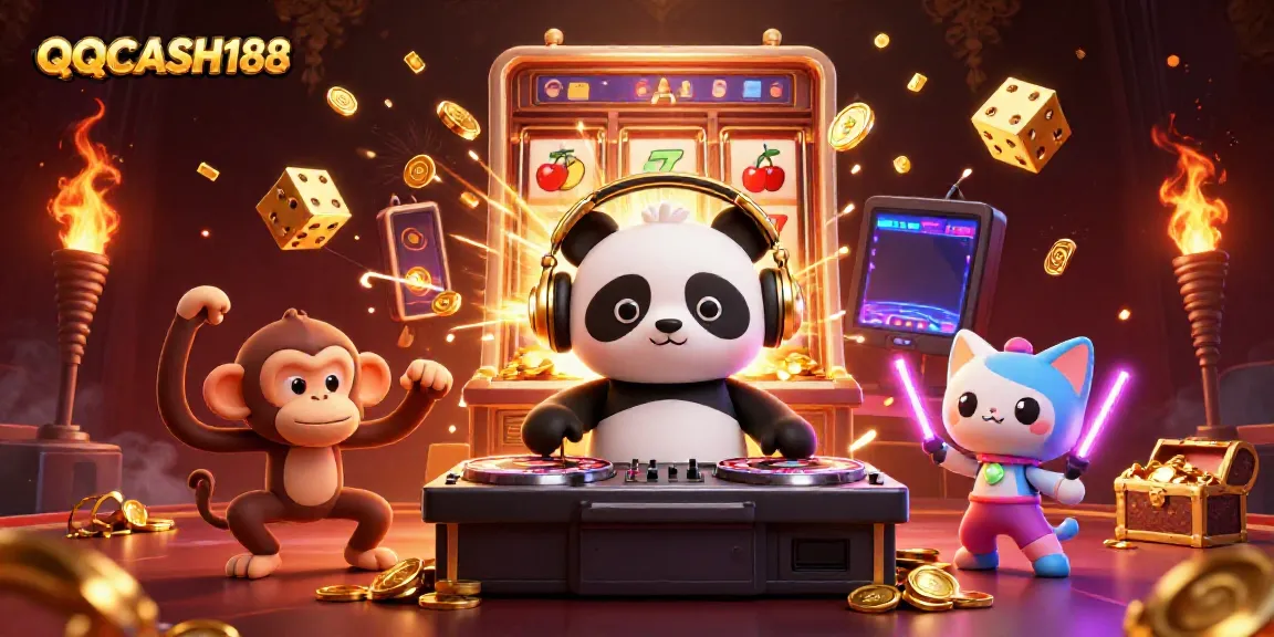 Experience the excitement of QQCASH188 with a DJ panda and vibrant casino elements.