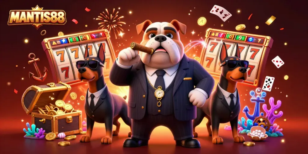 MANTIS88 showcases an exciting casino scene with a mafia bulldog and Doberman bodyguards among slot machines and treasure.
