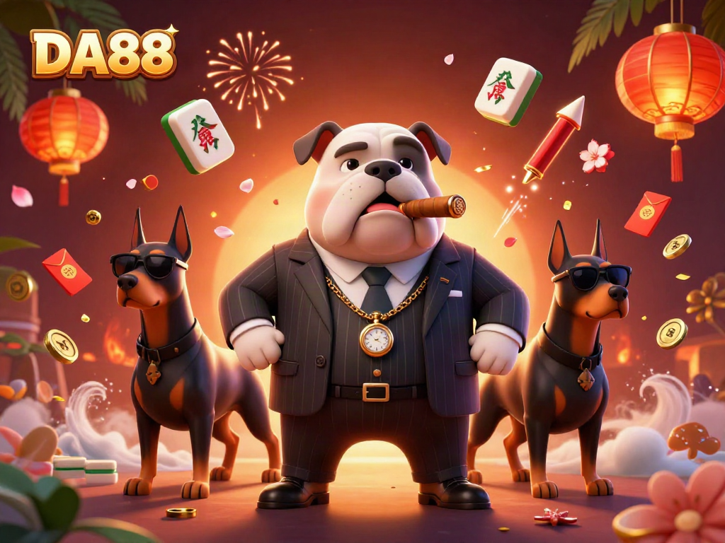 DA88 games come to life with a cartoon mafia bulldog and bodyguard Dobermans amidst vibrant casino elements.