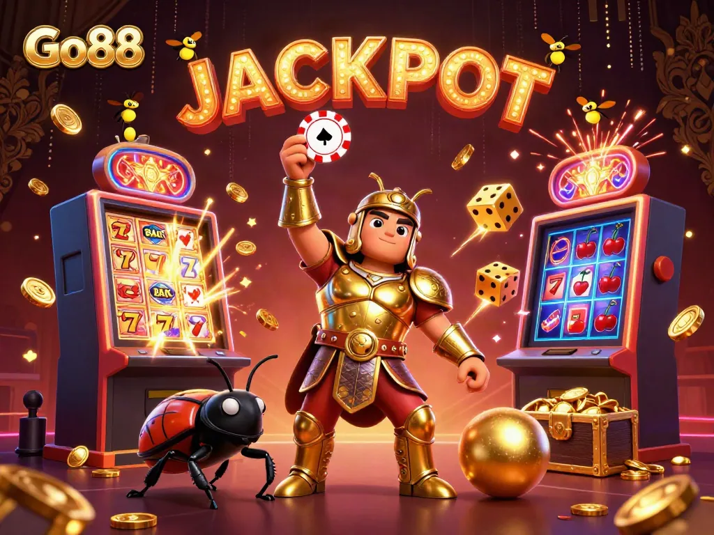Win big with Go88 in this dynamic casino scene showcasing vibrant gaming elements and excitement.