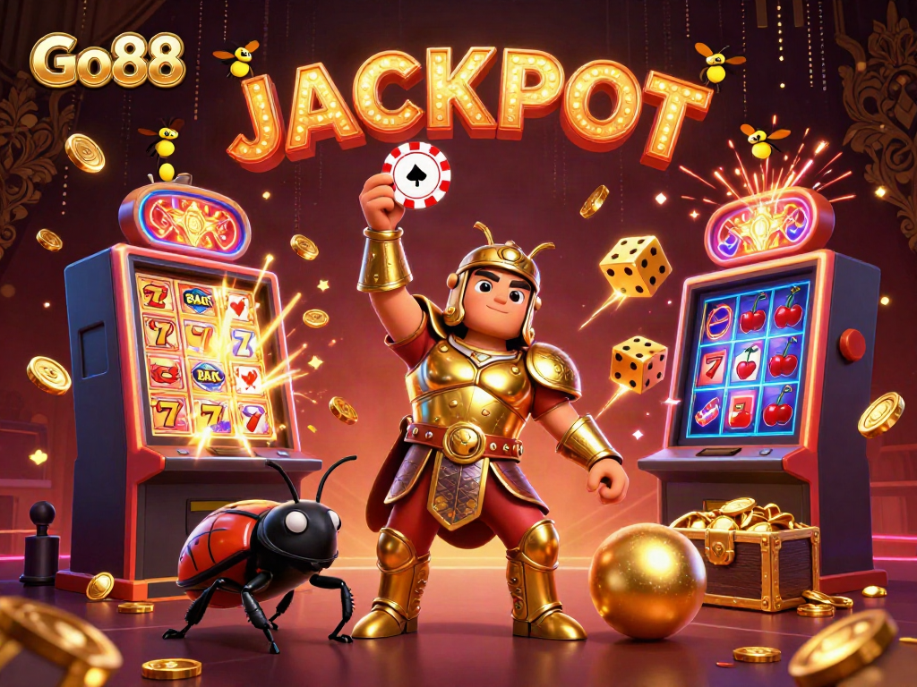 Win big with Go88 in this dynamic casino scene showcasing vibrant gaming elements and excitement.