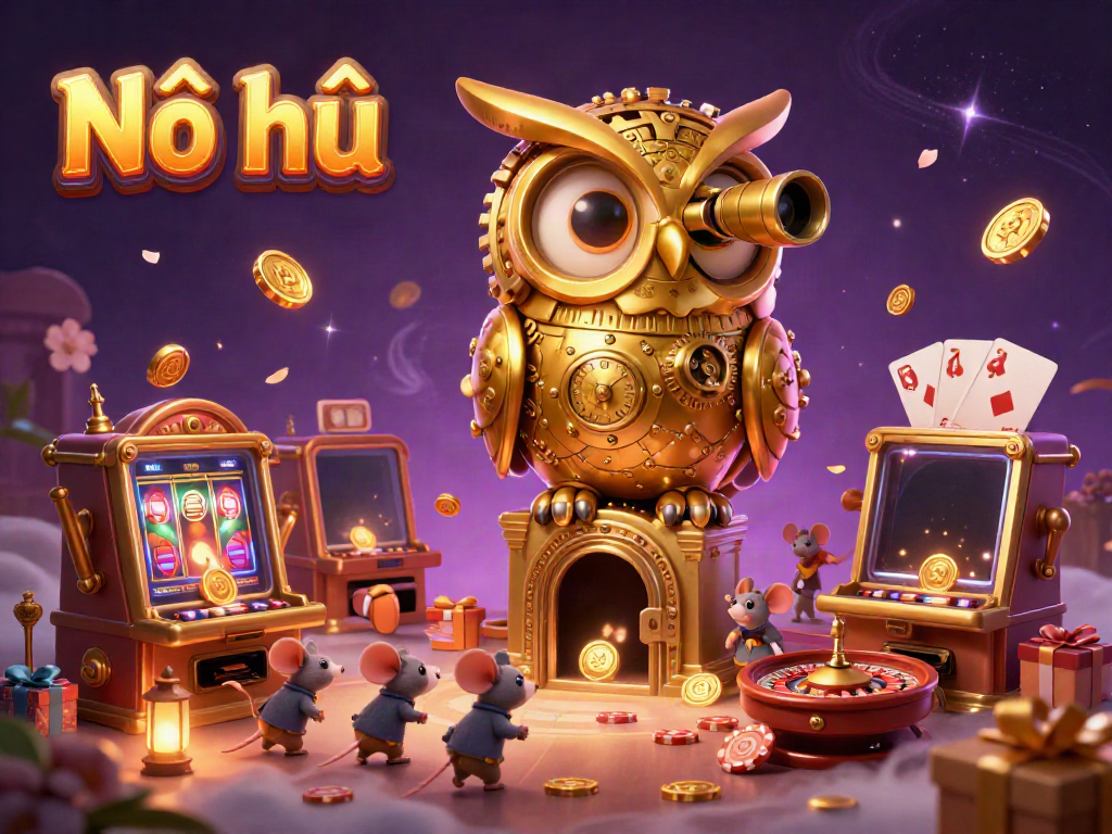 Nổ hũ scene illustrating a clockwork golden owl with casino slot machines, vibrant atmosphere and magical elements.