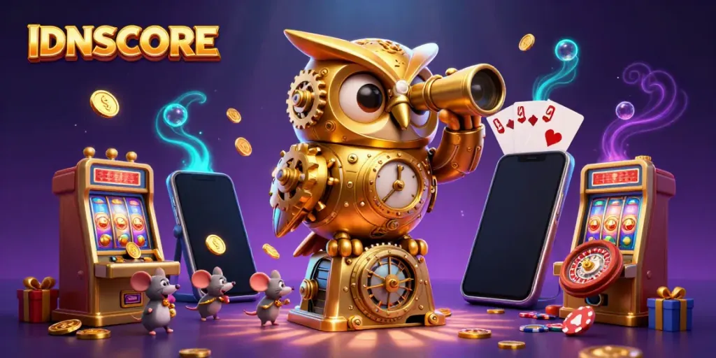 Engage with IDNSCORE's colorful slot games featuring a captivating owl scanning the casino scene.
