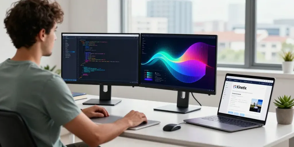 Kinetiq staking developer engaging with analytics on dual monitors in a modern office.