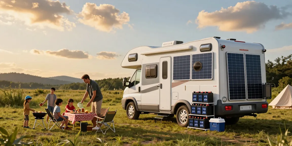 Family enjoying outdoor camping with 12V battery setup for power and convenience.