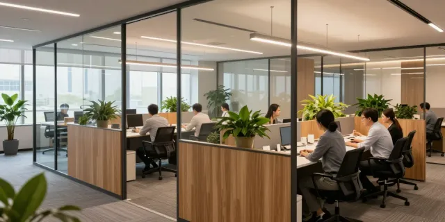 Stunning پارتیشن اداری setup in a modern office, blending glass and wood for effective workspace division.