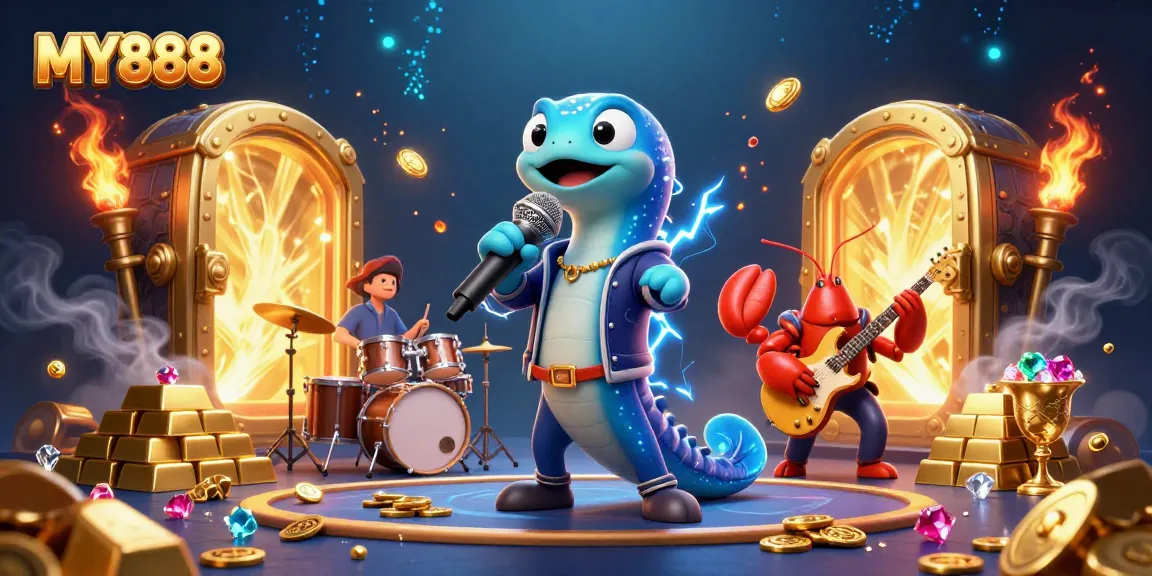 Experience the electrifying MY888 live casino with vibrant characters and dazzling treasures.