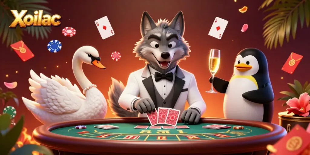 Xoilac engages players at a luxurious baccarat table with elegant characters enjoying high stakes.