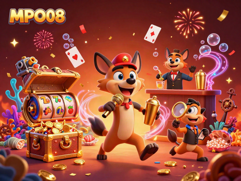 MPO08 is a lively 3D illustration showcasing hyenas in a casino setting, emphasizing vibrant casino elements and dynamic storytelling.