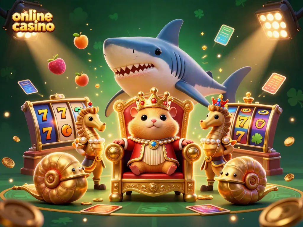 Experience online casino excitement with a golden hamster king on a megalodon throne surrounded by vibrant slot elements.