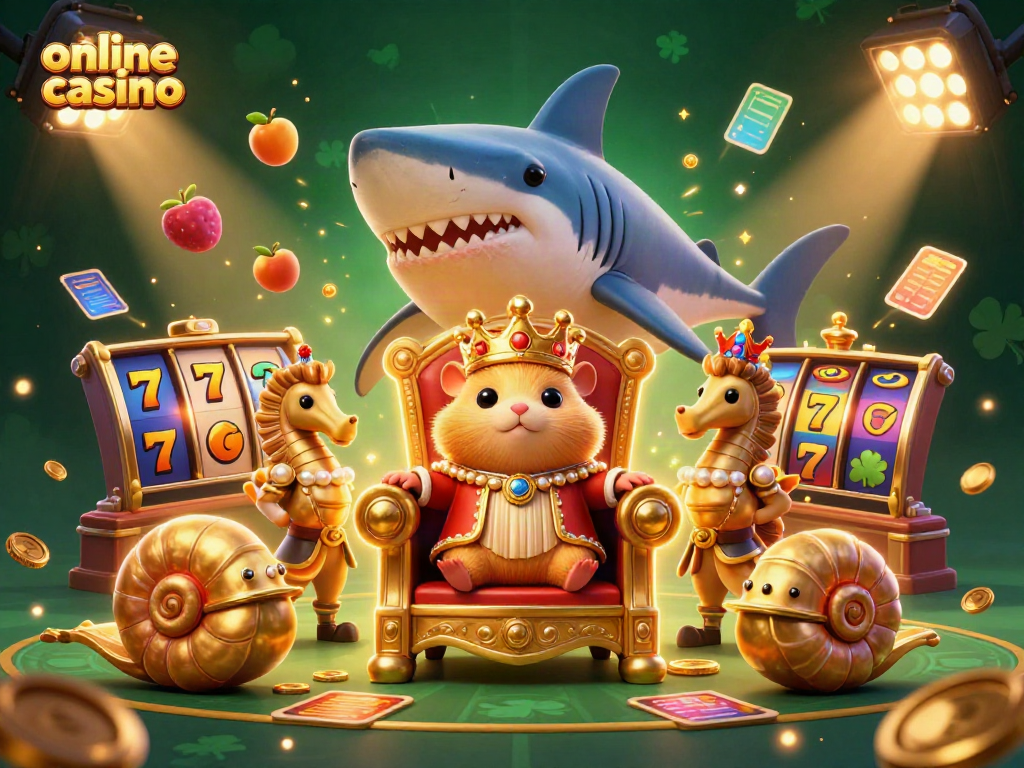 Experience online casino excitement with a golden hamster king on a megalodon throne surrounded by vibrant slot elements.