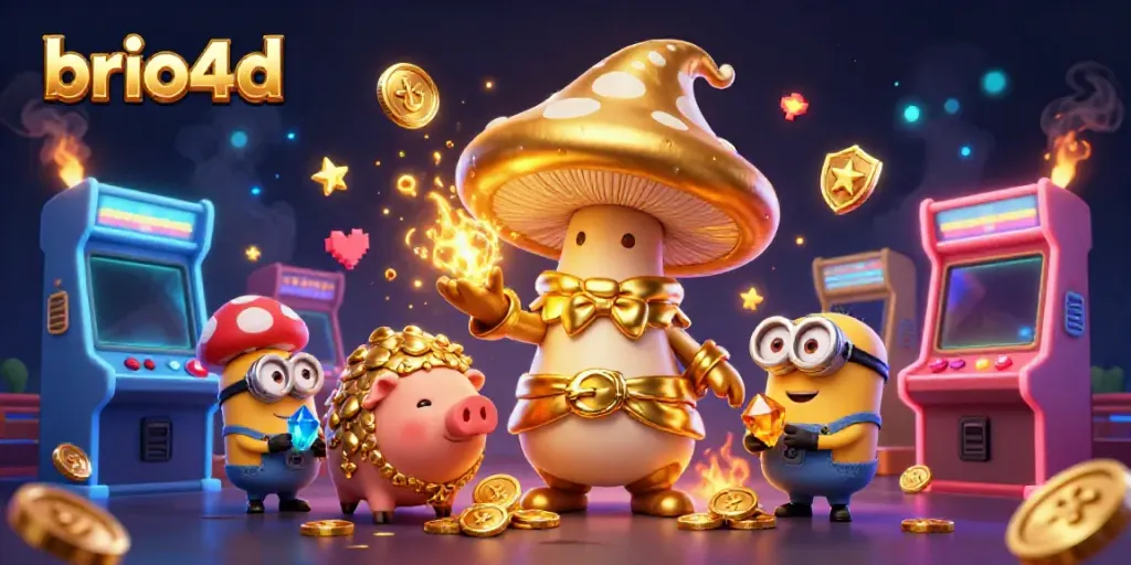 Experience thrilling gameplay at brio4d with golden wizard, treasure pig, and arcade elements glowing.