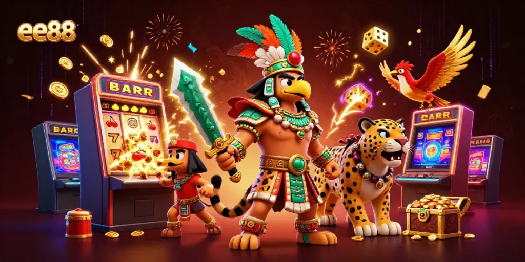 Engage with ee88 gaming adventure featuring a vibrant casino scene with Aztec characters and a jackpot explosion