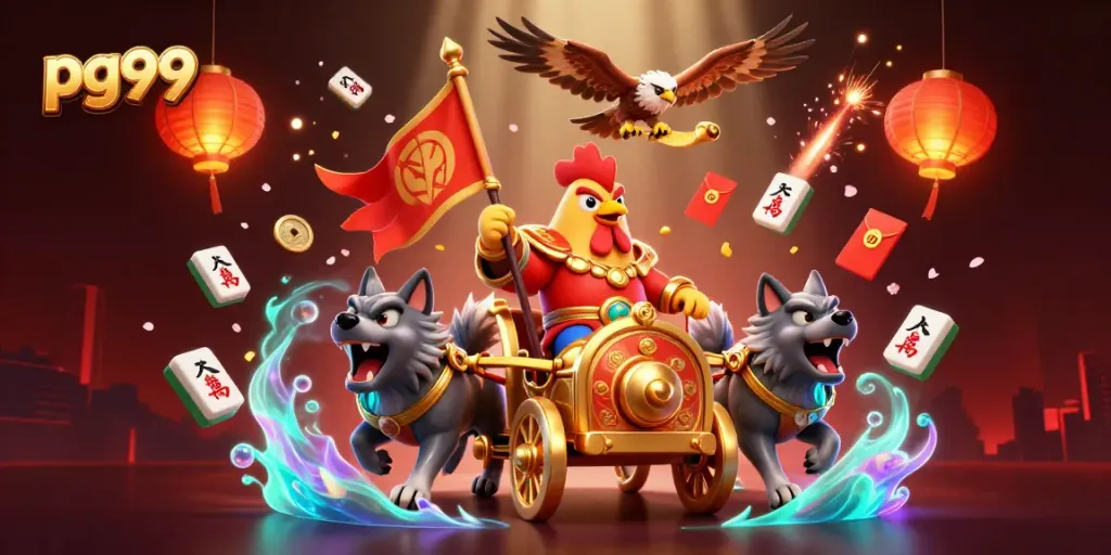 Engage with pg99's thrilling casino adventure featuring a rooster warlord commanding luck amidst colorful gaming elements.