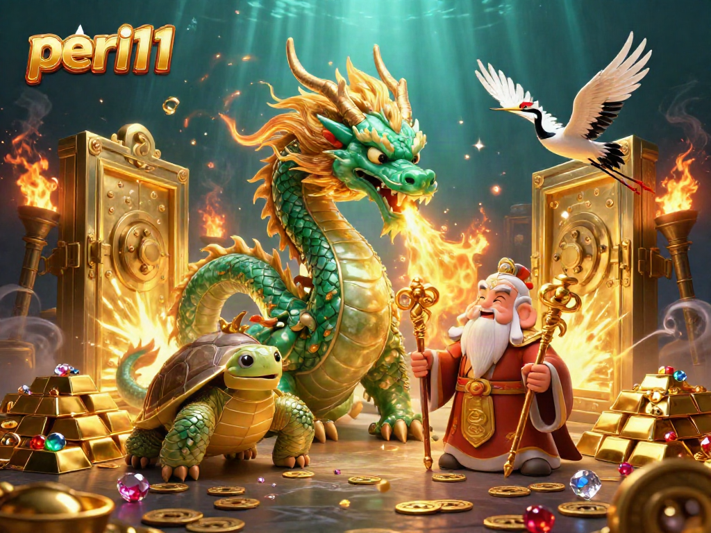 Play and win at peri11 with a vibrant 3D dragon and lucky symbols amidst shining treasures.